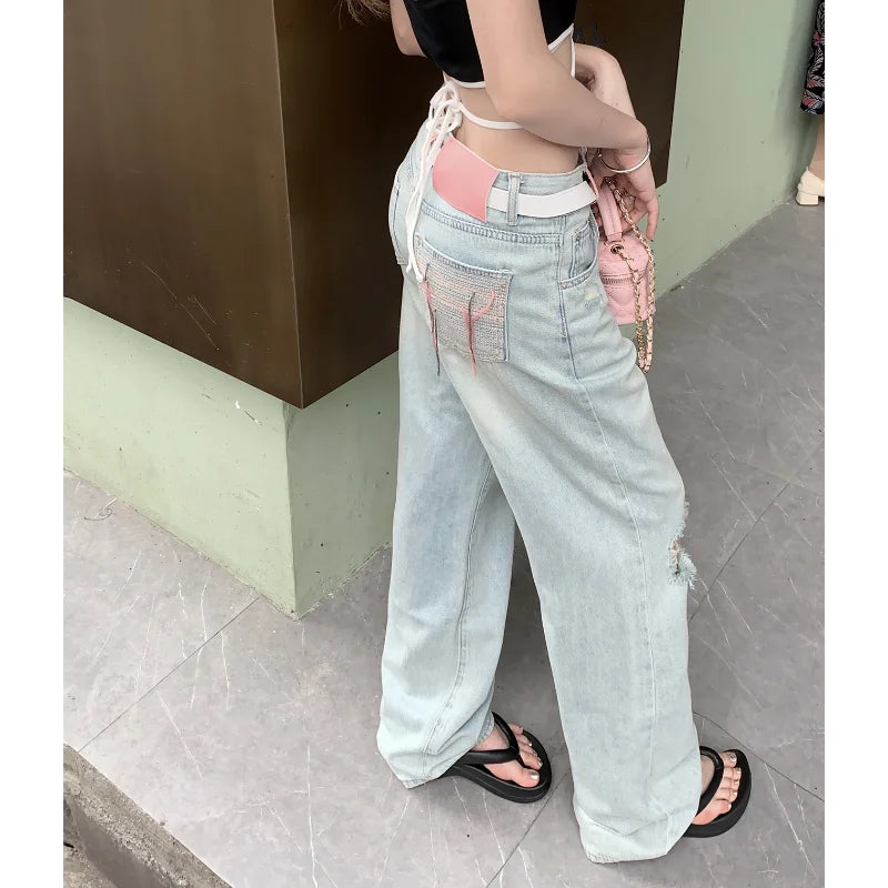 nvxiot Streetwear Hollow Hole Loose Casual Jeans Women Y2K Summer New High Waist Fashion Distressed Washed Wide Leg Pants