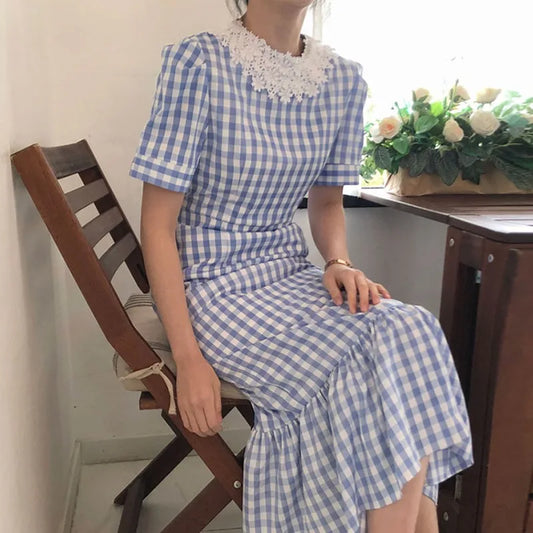 MQTIME  -   Korean Summmer Vintage Dress Elegant Ladies Lace Round Collar Short Sleeve High Waist Long Plaid Dresses Fashion Dress for Women