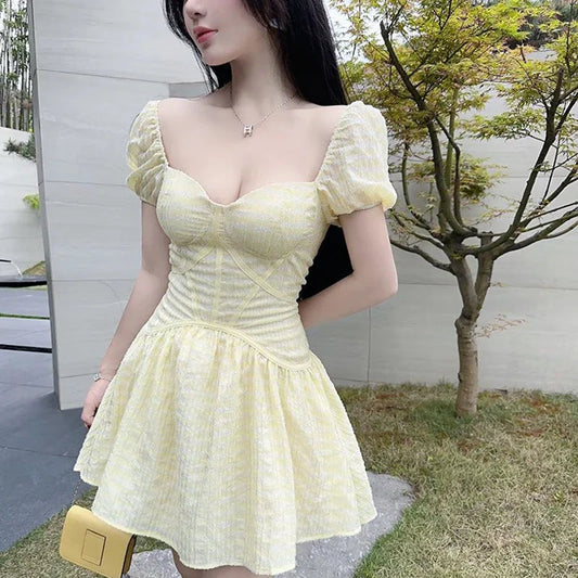 nvxiot  -  Mini Sweet Dress Yellow Sexy V-neck Bodycon Dresses For Women Summer Korean Elegant Mini Club Party Dress Evening Outfits