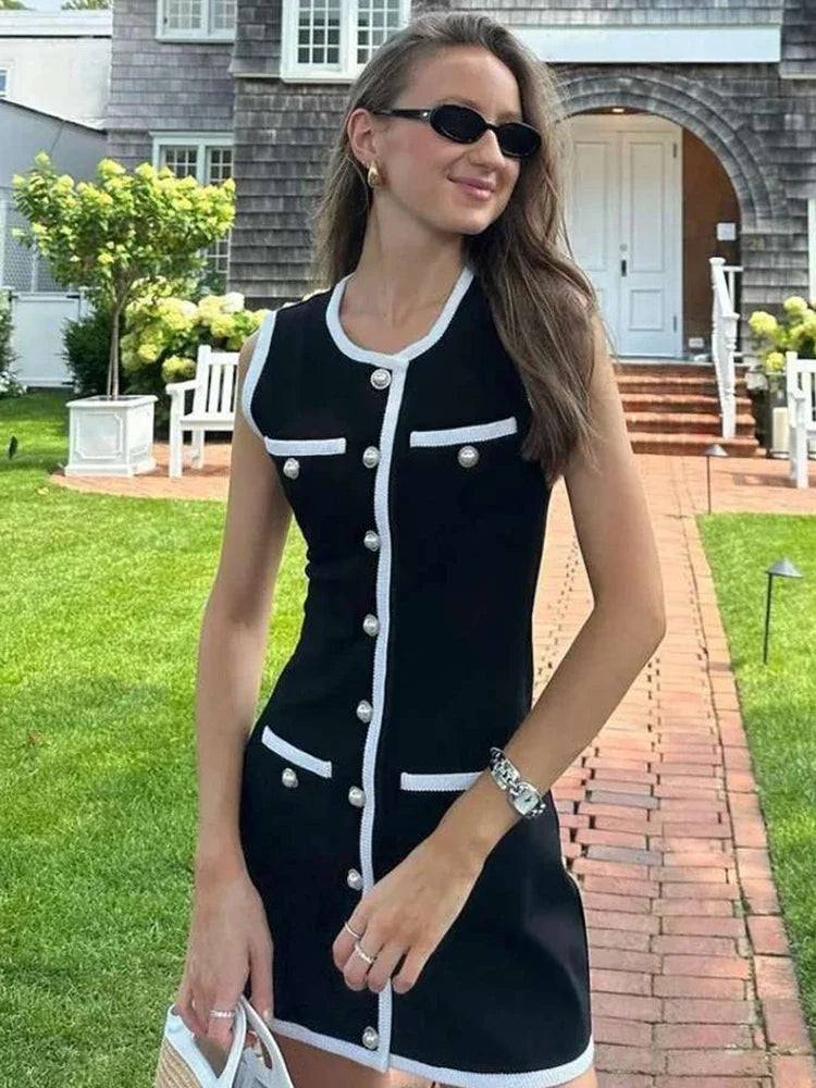 nvxiot Knit Sleeveless Single Breasted Mini Dress Women Slim Contrast Female Patchwork Dresses Spring Fashion O Neck Pockets Lady Robe