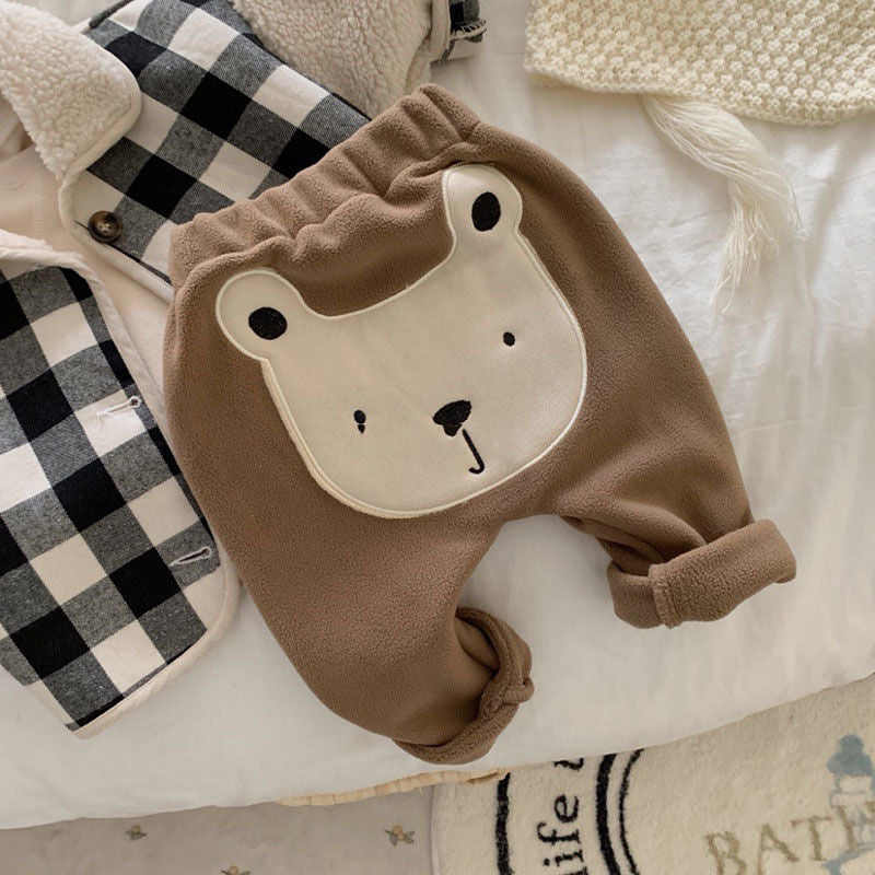 Autumn Winter Baby Boy Pants Children Cartoon Bear Velvet Thick Fleece Harem Pants Warm Kids Infant Trainers Casual Pant Clothes