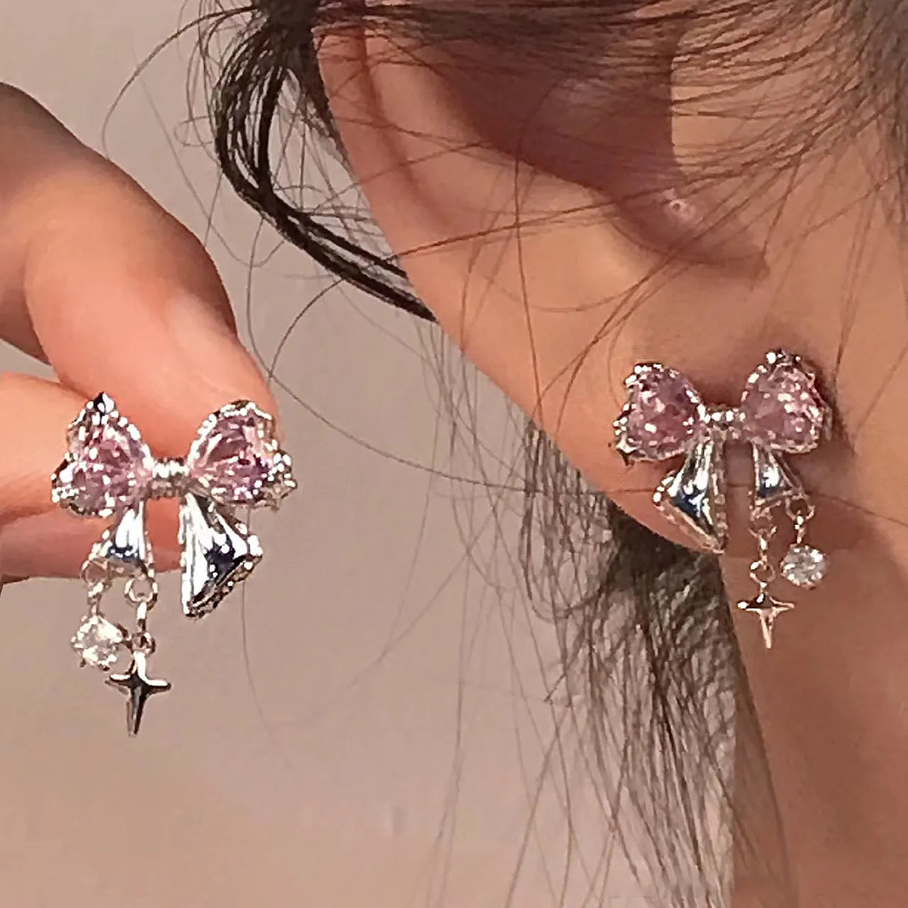 nvxiot Y2K Bowknot Zircon Stud Earrings for Women Fashion Korean Silver Color Pink Crystal Personality Earring Girl Party Jewelry Gifts