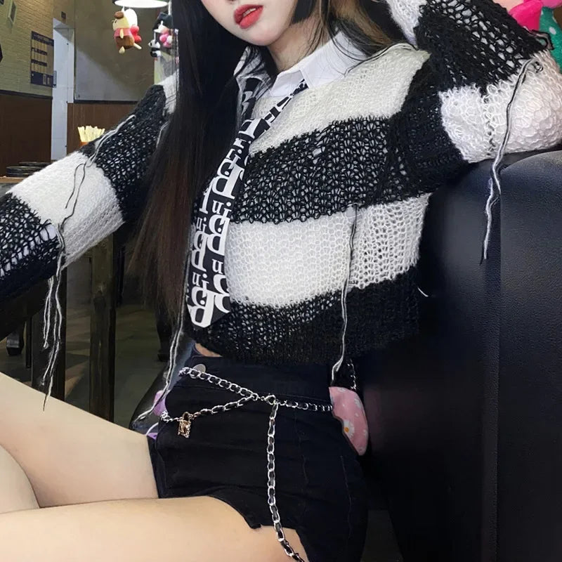 MQTIME  -   Gothic Sweater for Women Punk Style Striped Long Sleeve Top Hollow Out Knitted Clothes y2k 2000s Pullover Streetwear