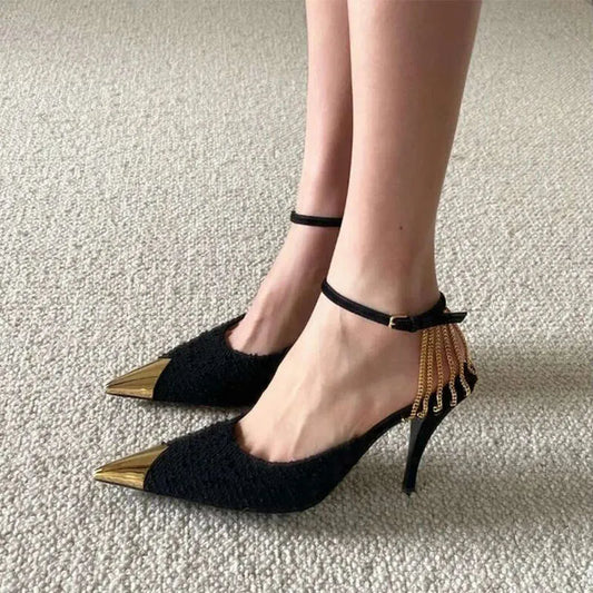 Metal Chain Pointed High Heels  New Style Black Stiletto Single Shoes Baotou Sexy Sandals Women Pumps Kq8