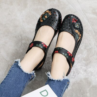 GKTINOO Spring Fashion Flower Design Round Toe Soft Bottom Flat Shoes Vintage Genuine Leather Women Flats Girl Loafer Large Size