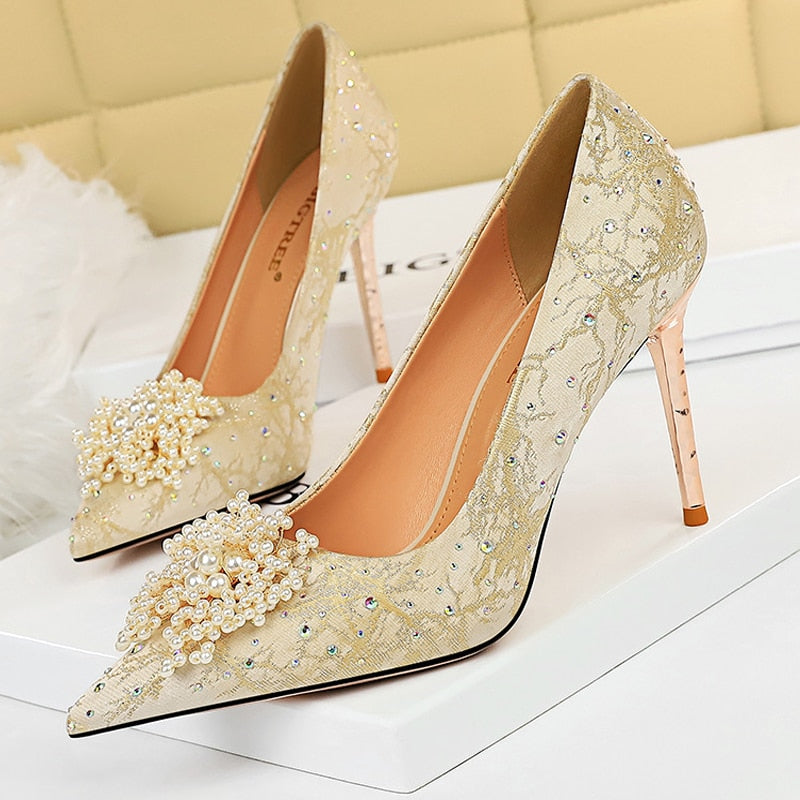 BIGTREE Shoes Pearl Flowers Woman Pumps Rhinestone High Heels 2022 New Luxurious Women Heels Stiletto Large Size Ladies Pumps