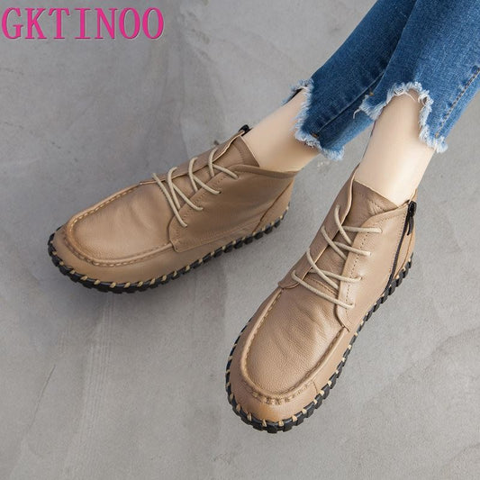 GKTINOO 2021 Vintage Style Genuine Leather Women Boots Flat Booties Soft Cowhide Women's Shoes Ankle Boots zapatos mujer