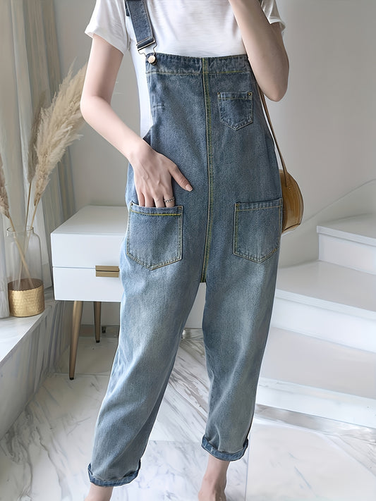 Classic Blue Denim Jumpsuit - Comfortable Loose Fit with Stylish Patch Pockets - Adjustable Straps for Custom Fit - Premium Non-Stretch Womens Clothing - Versatile Wear-Anywhere Style