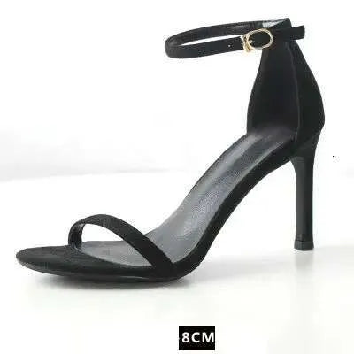 Summer New Fine Heel Black Suede High Heels Chic Fairy Wind One Word Buckle Sandals Female Kq8