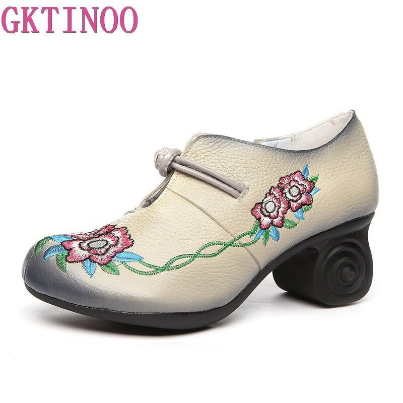 GKTINOO Women Embroidery Pumps Grey Lady 6CM High Heels Shoes Handmade Women Genuine Leather Pumps Autumn Shoes