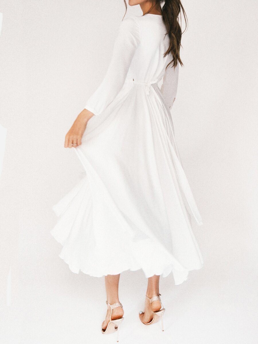 nvxiot White retro V-neck long sleeve dress