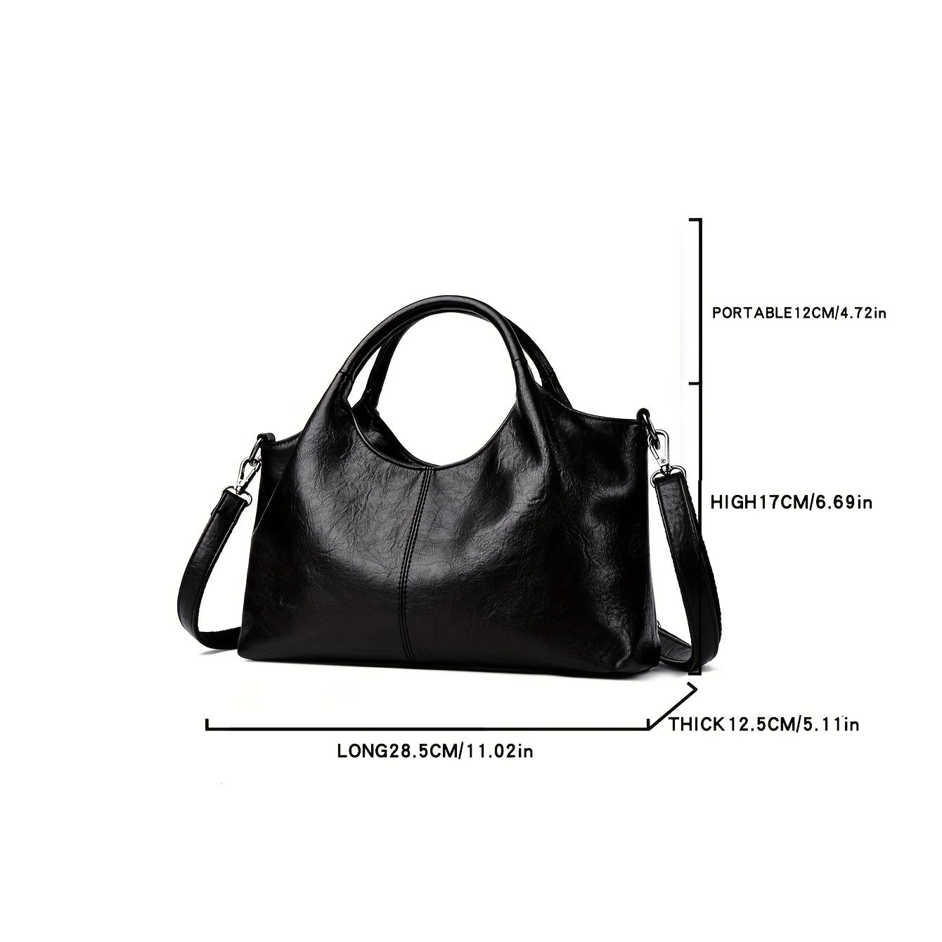 Women's Vintage Large Capacity Tote Bag , PU Leather, Soft Shoulder Crossbody Handbag, No Oil Edging, Zip Closure, Black & Coffee Brown, Fashionable Ladies Handbag