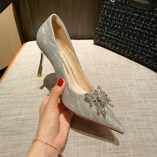 New Pointed Rhinestone High Heels Female Stiletto Pumps Wedding Bride Bridesmaid Shoes Kq8