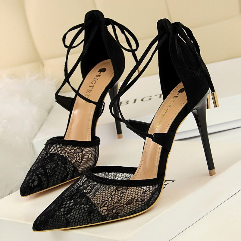 BIGTREE Shoes Woman Pumps Mesh Lace High Heels Sexy Party Shoes Hollow Out Cross Straps Women Sandals Stiletto Heels Women Shoes