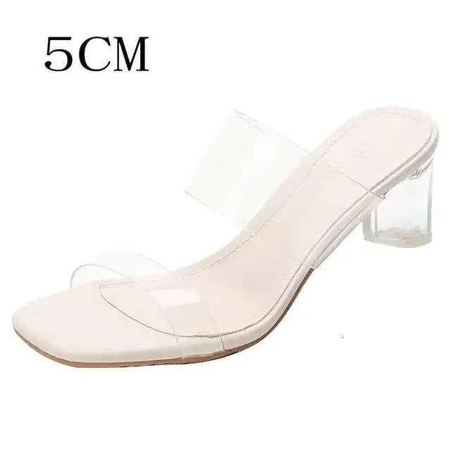 New Fashion High Transparent Sandals Women's Summer Chunky Heels Crystal Slippers Outside Wear Kq8