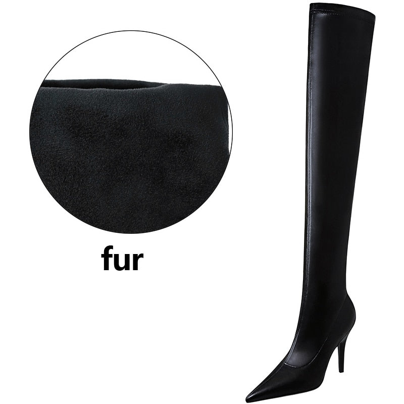 BIGTREE Shoes Stiletto Sexy Over-the-Knee Boots Black Leather Boots Sexy Thin High Heel Boots Winter Long Boots Plus Size 43