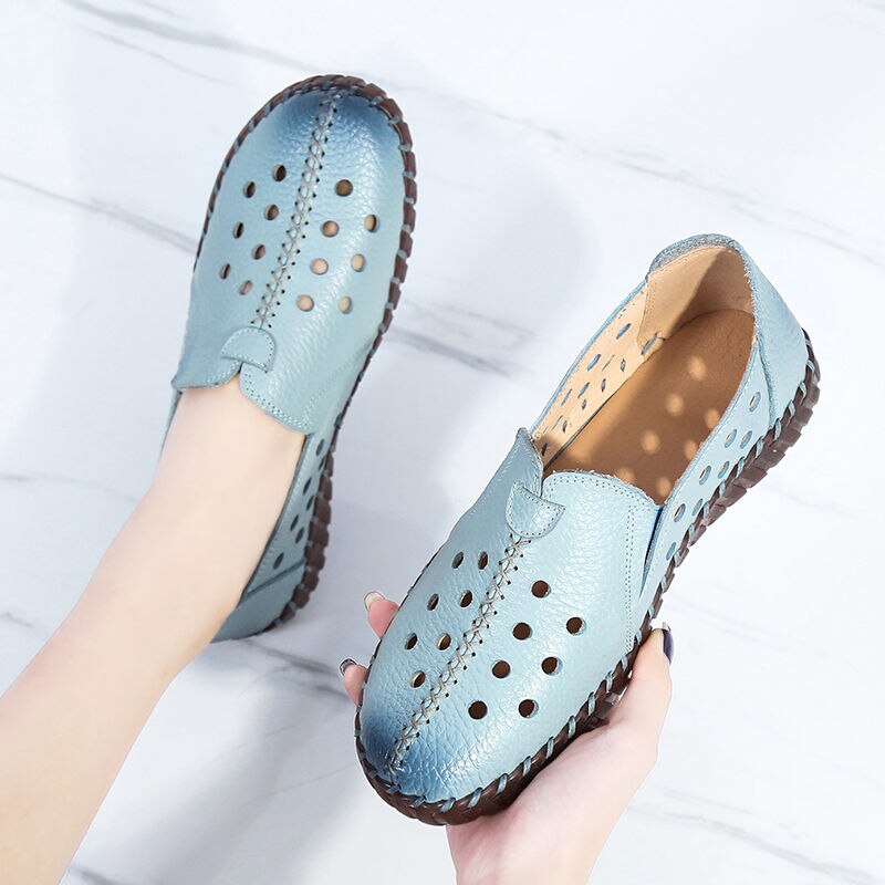 GKTINOO 2021 Summer Genuine Leather Vintage Loafers Shoes Women Lazy Slip-On Handmade Leather Breathable Hollow Soft Shoes Woman