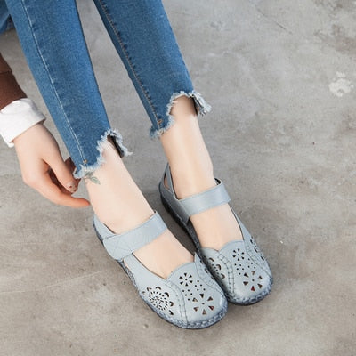 GKTINOO Hollow Genuine Leather Breathable Soft Flat Sandals Summer Women Shoes Woman Casual Solid Buckle Strap Ladies Sandals