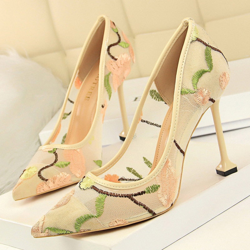 BIGTREE Shoes Woman Pumps Flower Embroidery Lace High Heels Sexy Party Shoes Stiletto Fashion Women Heels Mesh Women Shoes