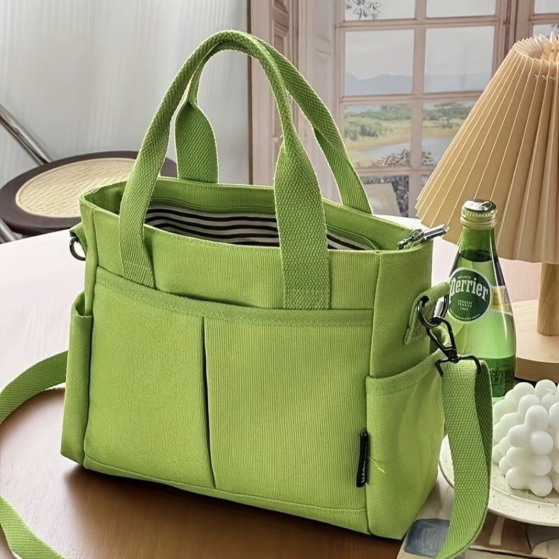 Stylish Small Canvas Tote Bag with Zipper Closure, Leather Accents - Perfect for Commuting and Casual Outings