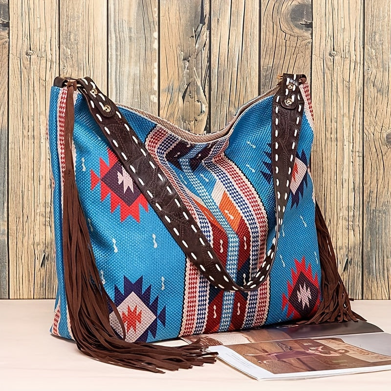 Stylish Ethnic Canvas Tote Handbag for Women - Ladies Travel Shoulder Bag with Zipper, Tassel, Hobo Design - Perfect for Daily Use, Shopping, and Vacation