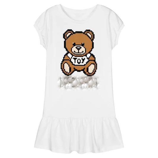 New Summer Dress Fashion Brand Cartoon Letter Style Kids Girl Clothes Long-sleeved Bear Print Clothes Baby Girls Princess Dresses 2-10 Year