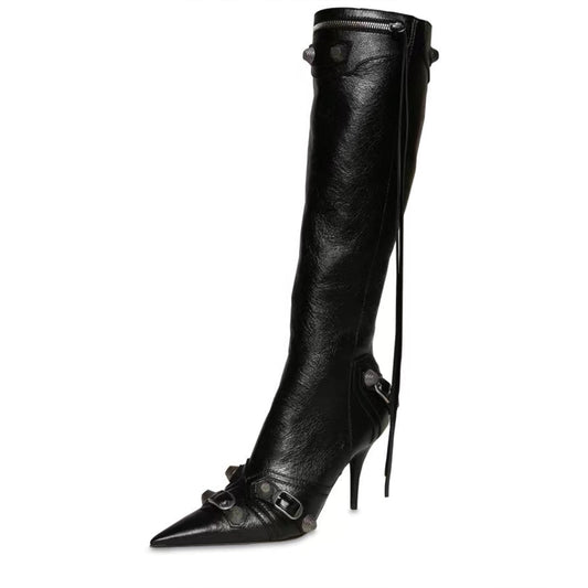 Womens Glamorous Tassel & Buckle Long Boots - Solid Color Point Toe Side Zipper Stiletto Heel - Over Knee Height Vacation Fashion Statement Shoes