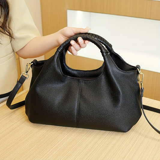 Vintage Style PU Leather Tote Bag with Zipper Closure, Polyester Lined, Classic Black Shoulder Handbag with Edge Paint, Durable Casual Large Capacity Purse for Women - Guangzhou Crafted