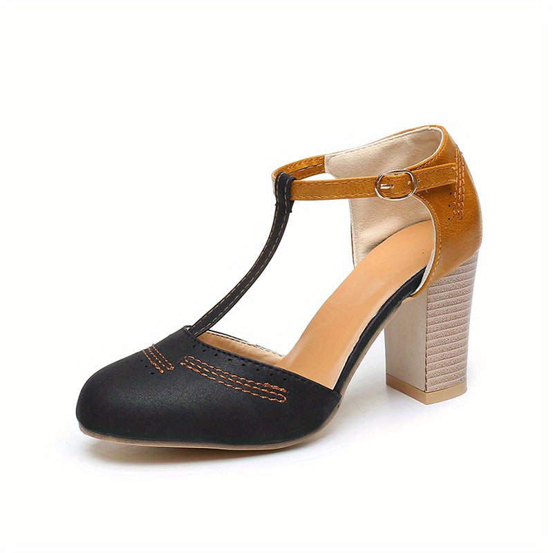 Women's Retro High Heels, Color Block T-strap Round Toe Block Heels, Casual & Versatile Oktoberfest Dress Shoes