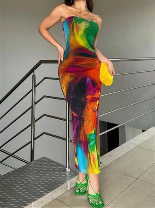 nvxiot Tie-dyed Strapless Bodycon Dress 2024 Summer Beach Party Club Outfit Sleeveless Off-Shoulder Bandeau Wrapped Long Dress