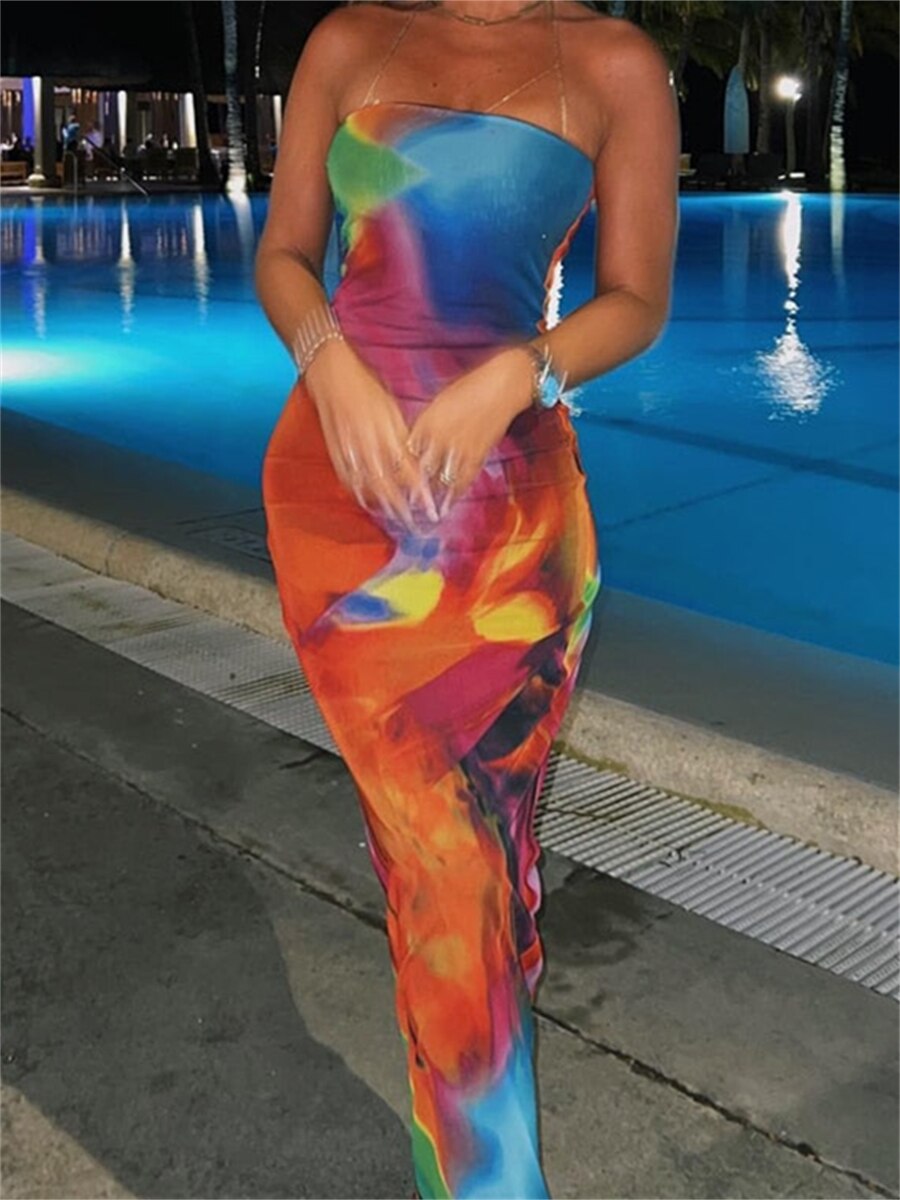 nvxiot Tie-dyed Strapless Bodycon Dress 2024 Summer Beach Party Club Outfit Sleeveless Off-Shoulder Bandeau Wrapped Long Dress