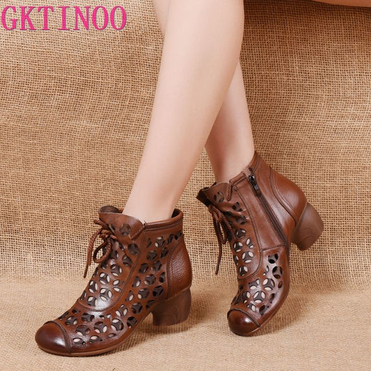 GKTINOO 2021 Summer Ankle Boots Genuine Leather Shoes Women Med High Heel Back Zipper Boots Cutout breathable Mujer Zapatos