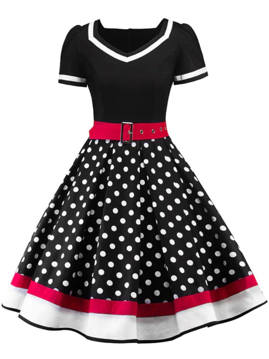 nvxiot 1950s Polka Dot Belted Patchwork Dress