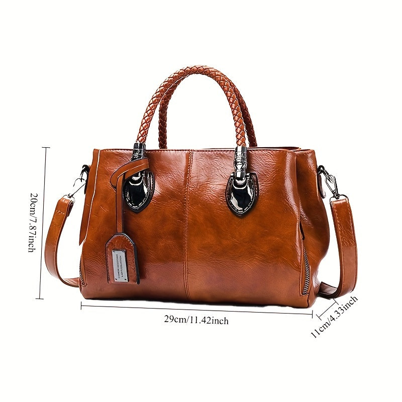 Trendy Women's Retro Tote Bag - Faux Leather Handbag with Zipper Closure, Adjustable Shoulder & Messenger Strap - Versatile Fashion Accessory