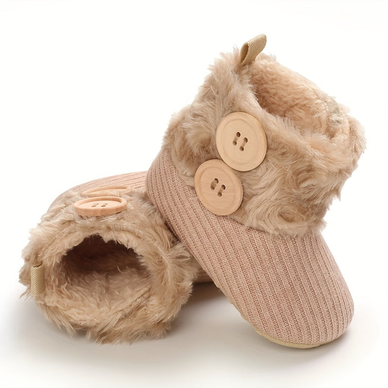 Ankle-High Crib Shoes for Baby Girls - Soft, Warm, Fleece-Lined, Hook-and-Loop Fastener, Round Toe, Platform Heel, Fabric Upper, Indoor Walking Boots for Fall and Winter Season