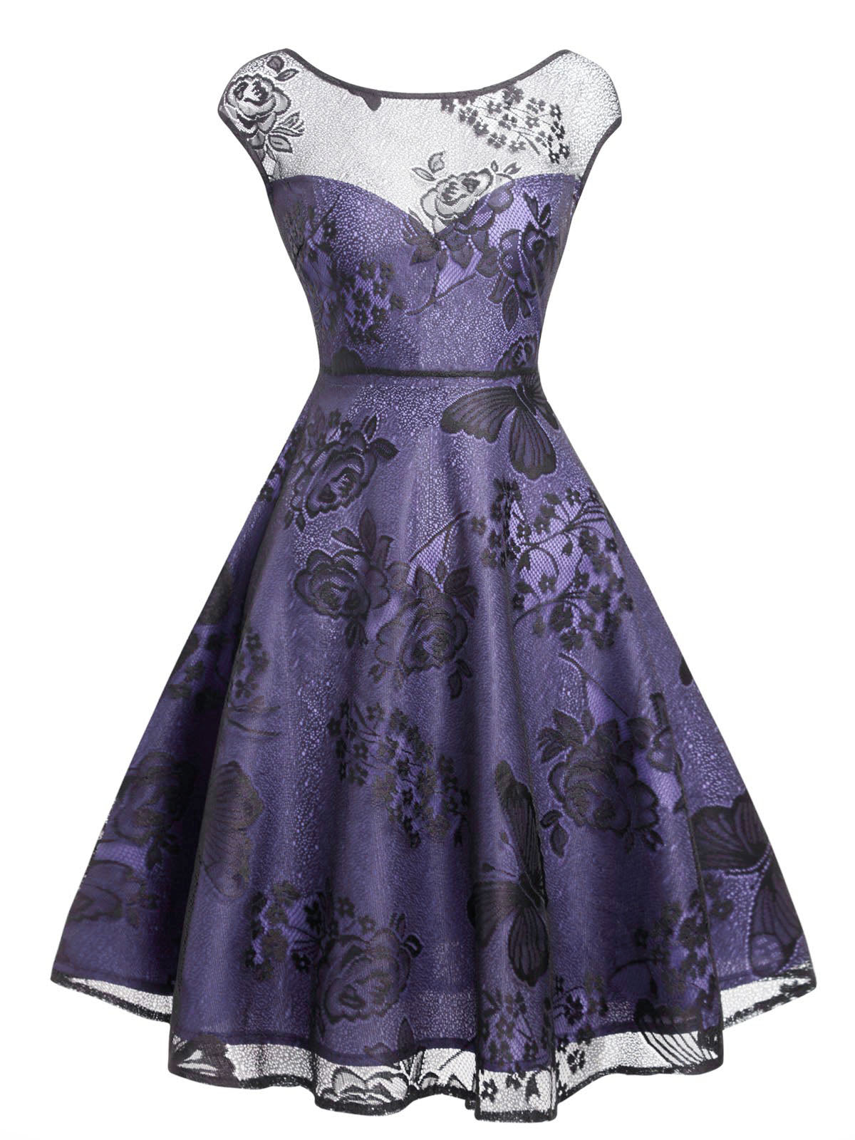 nvxiot Purple 1950s Mesh Floral Swing Dress