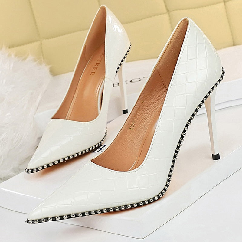 BIGTREE Shoes White Women Pumps Patent Leather Shoes High Heels Stiletto Luxury Party Shoes Metal Chain Rivets Heels Pumps Shoes