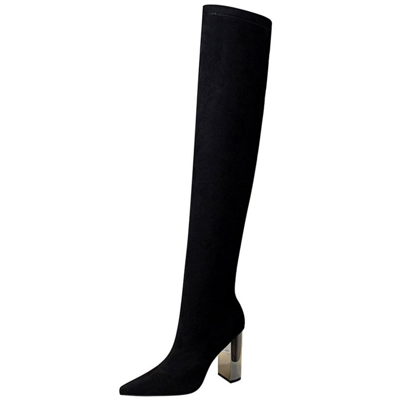 BIGTREE Shoes Women Sexy Over The Knee Boots Pointed Top Stretch Boots Thick Heel High Boots Black Long Boots Autumn Winter Shoe