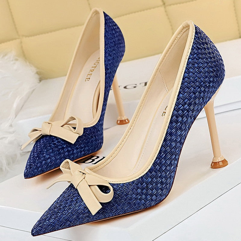 BIGTREE Shoes New Bowknot Woman Pumps Pointed Toe High Heels Designer Shoes Weave Stiletto Heels Female Shoes Fashion Footwear