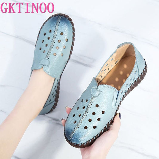 GKTINOO 2021 Summer Genuine Leather Vintage Loafers Shoes Women Lazy Slip-On Handmade Leather Breathable Hollow Soft Shoes Woman