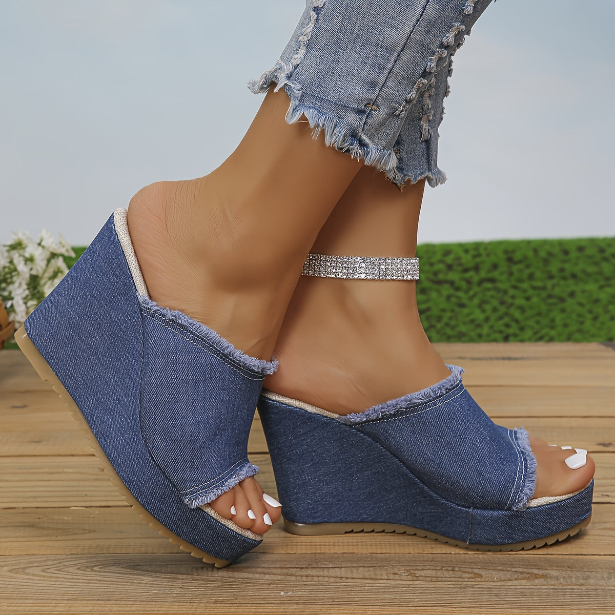 Womens Fashion Denim Platform Wedge Sandals - Stylish Peep Toe, Slip-On High Heels - Comfortable & Elegant for Casual Outings