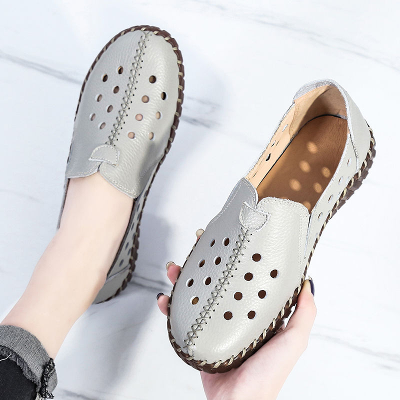 GKTINOO 2021 Summer Genuine Leather Vintage Loafers Shoes Women Lazy Slip-On Handmade Leather Breathable Hollow Soft Shoes Woman