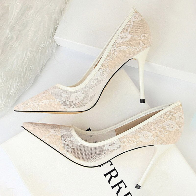 BIGTREE Shoes Mesh Hollow Lace Woman Pumps 2022 Spring Women Heels Sexy Party Shoes Thin Stiletto Heels Women Shoes 6 Colour