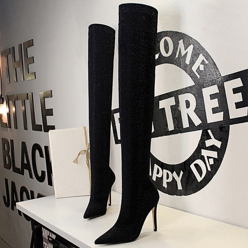 BIGTREE Shoes Women Boots Elastic Sexy Over-the-Knee Boots Women High Heel Boots Winter Female Long Boots Stiletto Heels 11.5 Cm