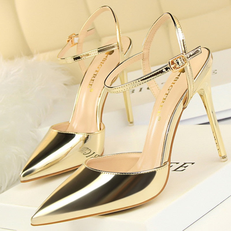 BIGTREE Shoes Fashion Sandals Women 2021 Patent Leather High Heels Women Sandals Summer Heeled Sandals Pointed Toe Women Pumps