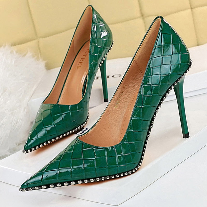 BIGTREE Shoes Quality High Heels Women Pumps Rivet Metal Chain Women Heels Stiletto 2022 Luxury Banquet Shoes Pumps Female Shoes