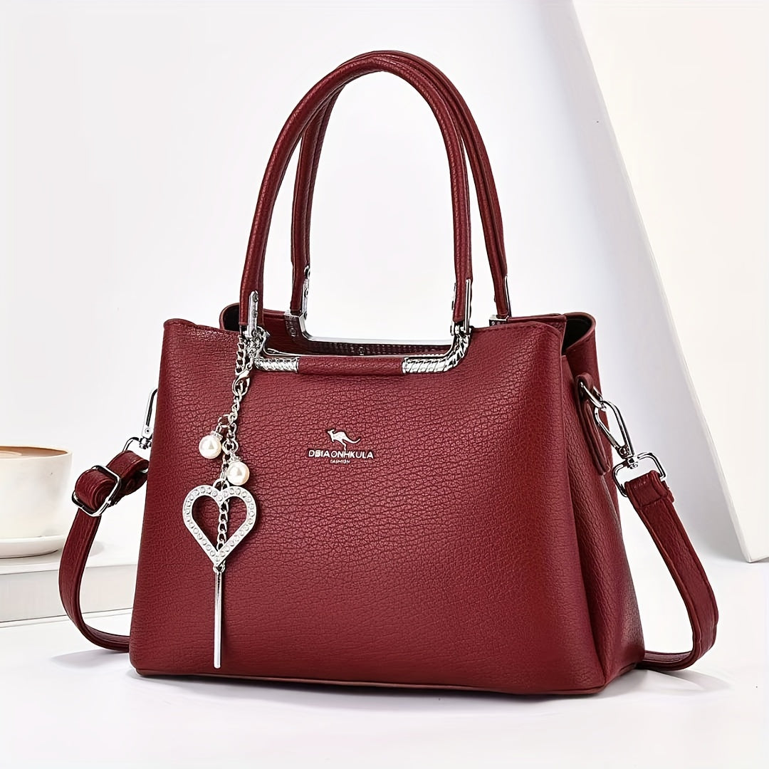 Elegant Ladies Handbag With Exquisite Charm, Premium Hardware, Multi-Layered Large Capacity, Fashionable Tote & Crossbody Bag, Litchi Pattern PU Leather, For Daily & Office Use