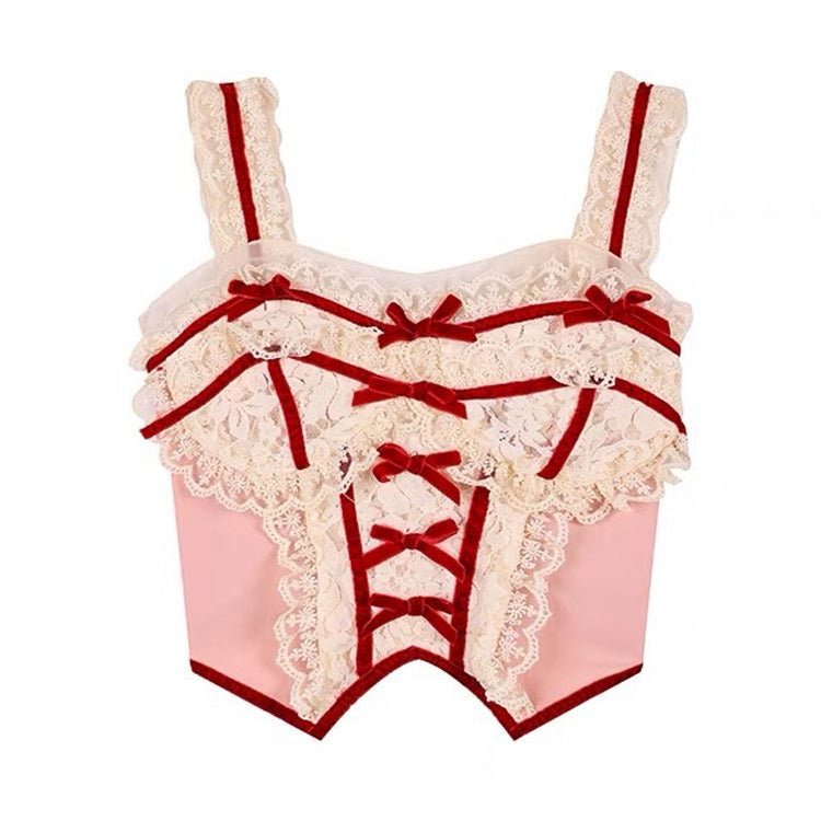 White & Red Coquette Lace Corset Top