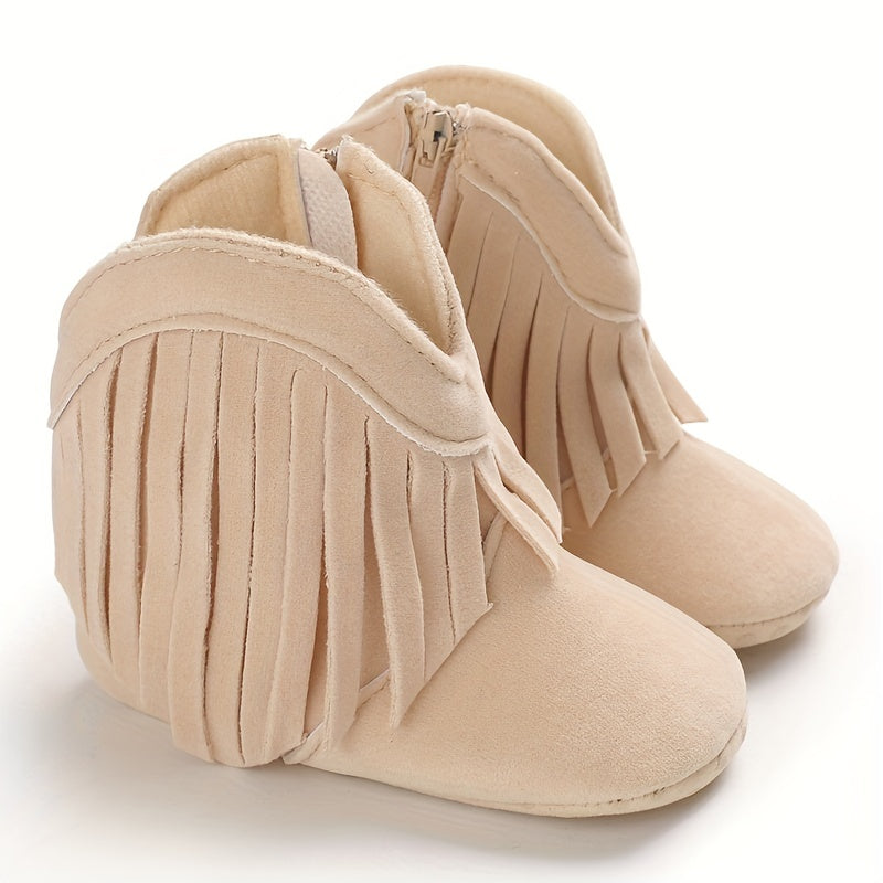 Ankle-High Crib Shoes for Baby Girls - Soft, Warm, Fleece-Lined, Hook-and-Loop Fastener, Round Toe, Platform Heel, Fabric Upper, Indoor Walking Boots for Fall and Winter Season