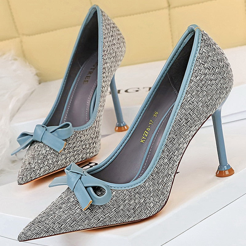 BIGTREE Shoes New Bowknot Woman Pumps Pointed Toe High Heels Designer Shoes Weave Stiletto Heels Female Shoes Fashion Footwear